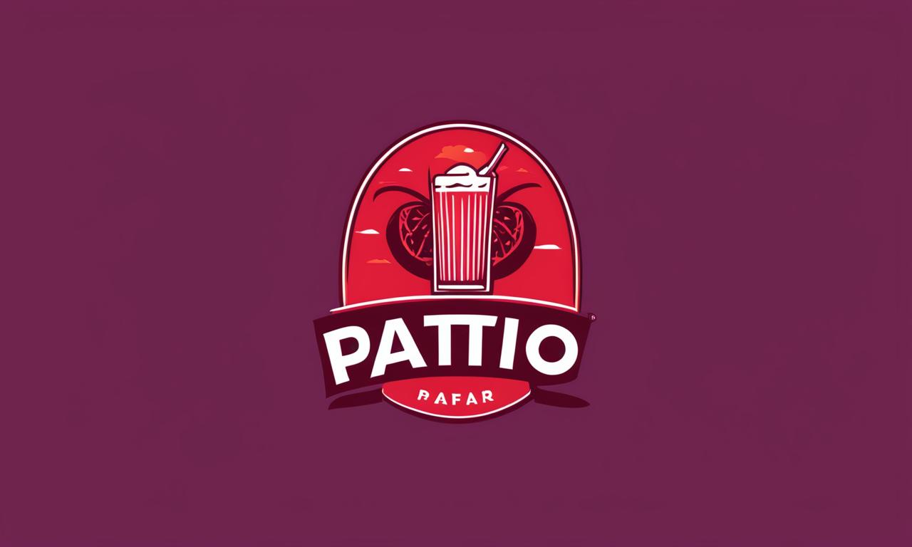 A warm red logo for a bar named 'Patio', featuring stylized text surrounded by illustrations of various drinks and an outdoor patio scene