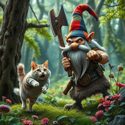 An aggressive gnome in a vibrant forest, wielding a large axe, is confronting a surprised cat