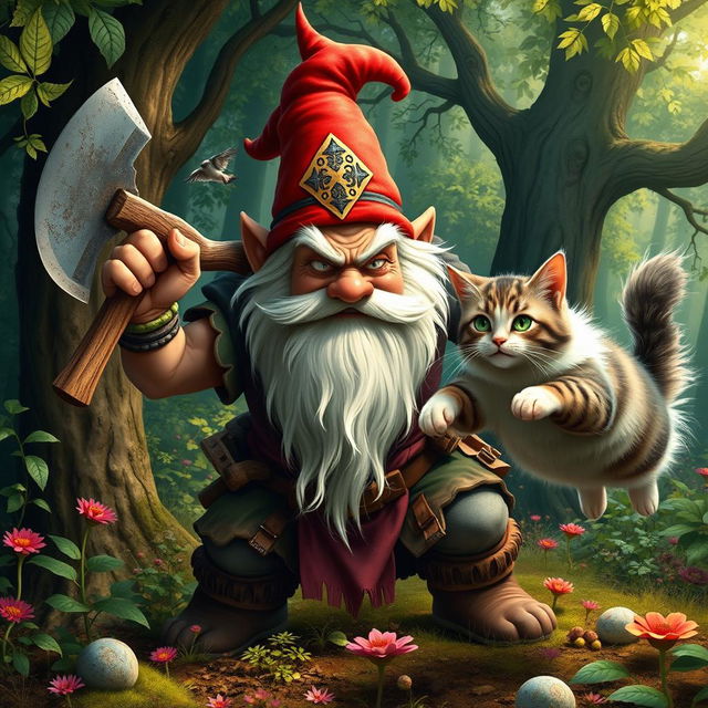 An aggressive gnome in a vibrant forest, wielding a large axe, is confronting a surprised cat