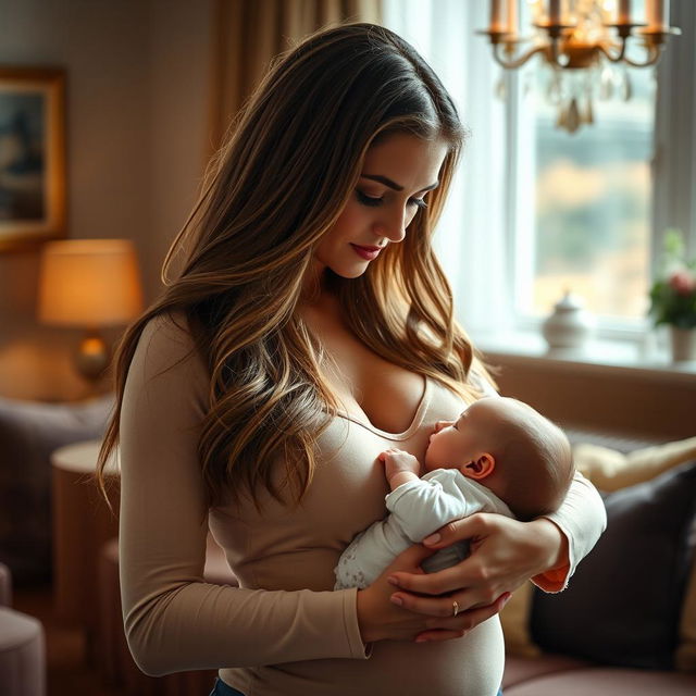 A captivating indoor scene showcasing a beautiful woman breastfeeding her infant