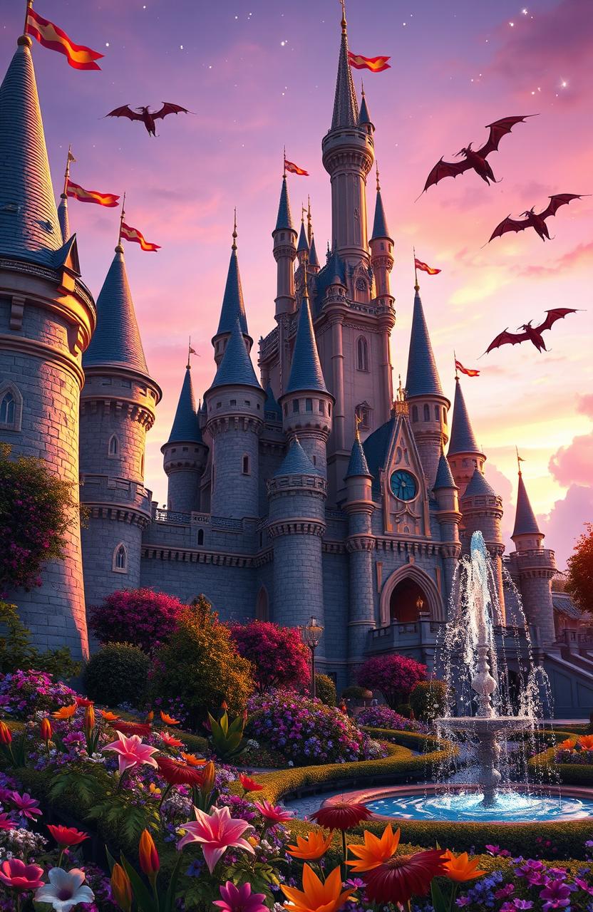 Close-up view of a magical kingdom, featuring intricate architecture, soaring turrets, and colorful banners fluttering in the breeze