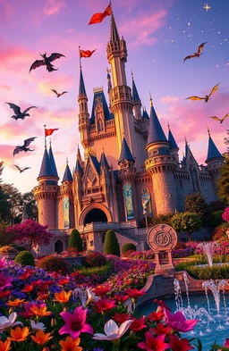 Close-up view of a magical kingdom, featuring intricate architecture, soaring turrets, and colorful banners fluttering in the breeze