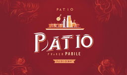 A warm red logo for a bar named 'Patio', featuring stylized text surrounded by illustrations of various drinks and an outdoor patio scene