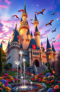 Close-up view of a magical kingdom, featuring intricate architecture, soaring turrets, and colorful banners fluttering in the breeze