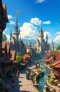 A highly detailed close-up view of a fantastical kingdom, rich with vibrant colors and intricate architecture