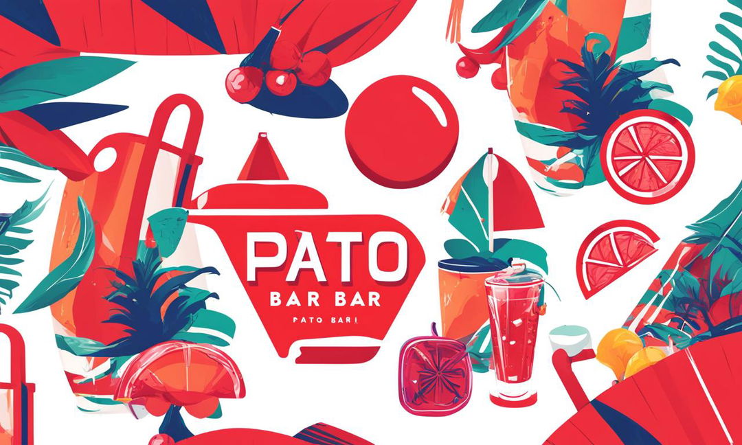 A vibrant red logo for 'Patio' bar, featuring a stylized patio umbrella and various drink icons.