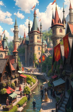 A highly detailed close-up view of a fantastical kingdom, rich with vibrant colors and intricate architecture