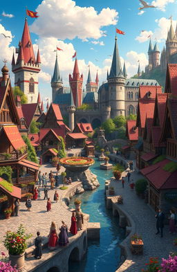 A highly detailed close-up view of a fantastical kingdom, rich with vibrant colors and intricate architecture