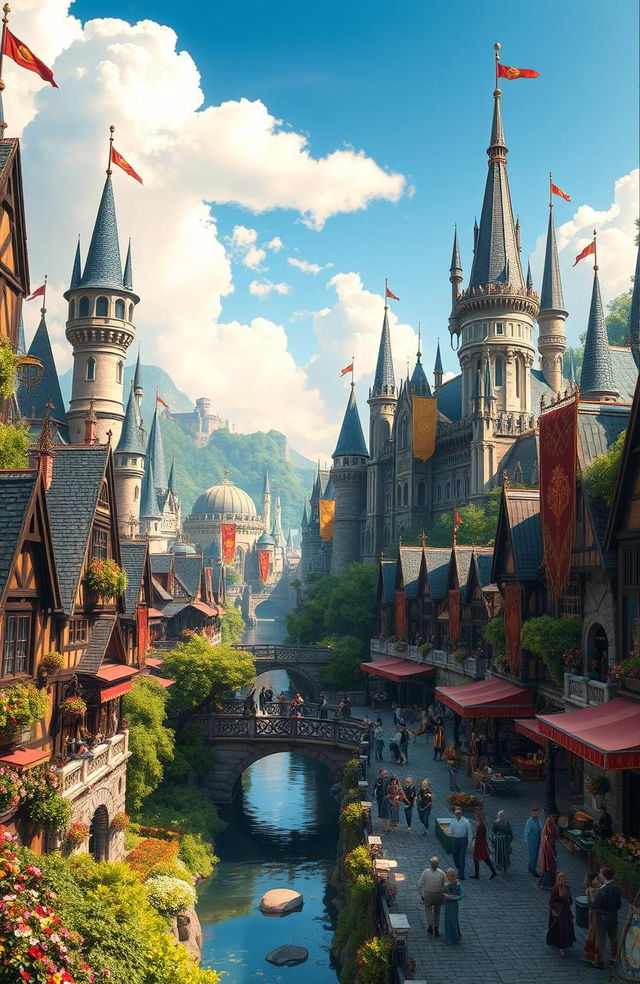 A highly detailed close-up view of a fantastical kingdom, rich with vibrant colors and intricate architecture