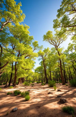 A vast, lush forest thriving in the middle of a barren desert landscape