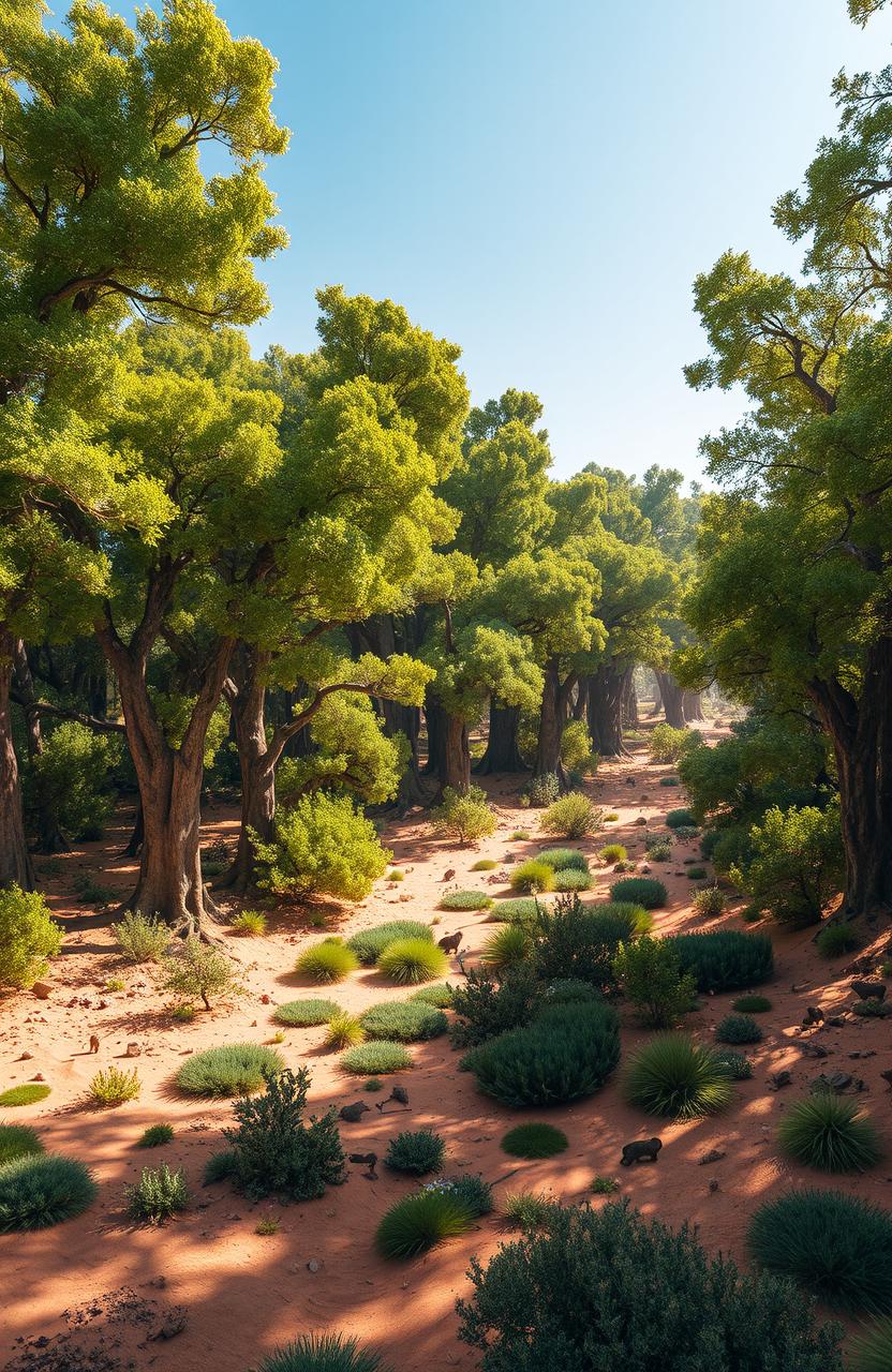 A vast, lush forest thriving in the middle of a barren desert landscape