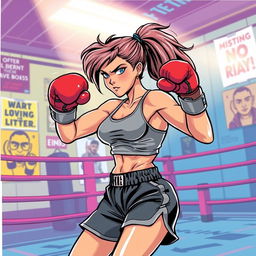 An energetic and empowering illustration of a lady boxing in a vibrant training environment