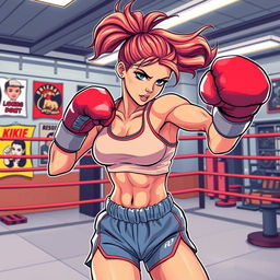 An energetic and empowering illustration of a lady boxing in a vibrant training environment