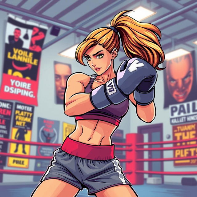 An energetic and empowering illustration of a lady boxing in a vibrant training environment