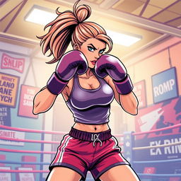 An energetic and empowering illustration of a lady boxing in a vibrant training environment