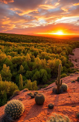 A vast, lush forest brimming with vibrant green trees and underbrush, standing in stark contrast to the surrounding arid desert landscape of the Wild West