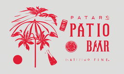 A vibrant red logo for 'Patio' bar, featuring a stylized patio umbrella and various drink icons.