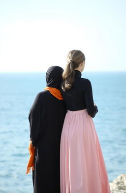 Two girls standing back to back looking out towards the sea