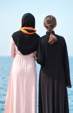 Two girls standing back to back looking out towards the sea