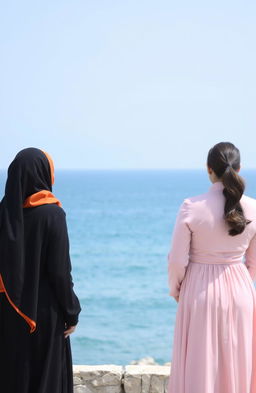 Two girls standing back to back looking out towards the sea
