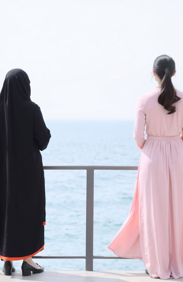 Two girls standing back to back looking out towards the sea