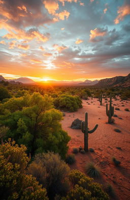 A vast, lush forest brimming with vibrant green trees and underbrush, standing in stark contrast to the surrounding arid desert landscape of the Wild West