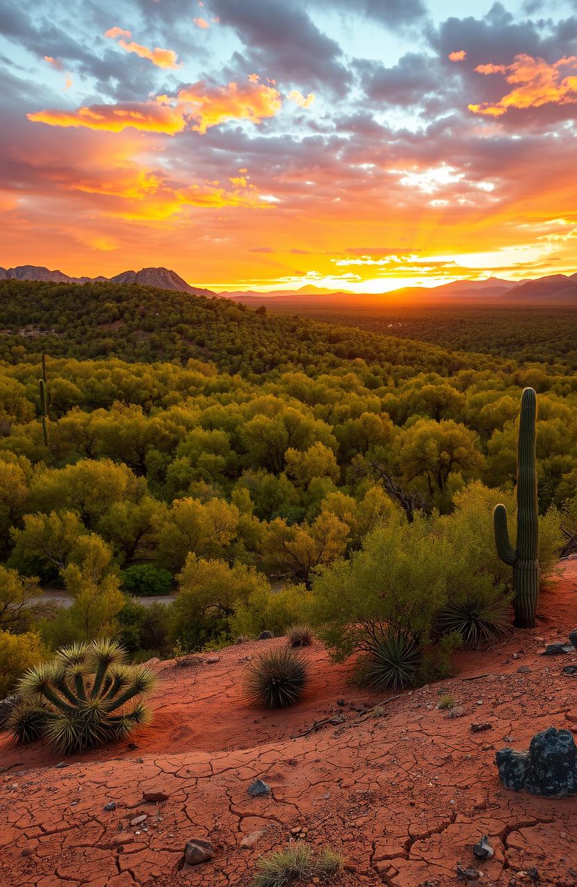 A vast, lush forest brimming with vibrant green trees and underbrush, standing in stark contrast to the surrounding arid desert landscape of the Wild West