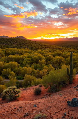 A vast, lush forest brimming with vibrant green trees and underbrush, standing in stark contrast to the surrounding arid desert landscape of the Wild West