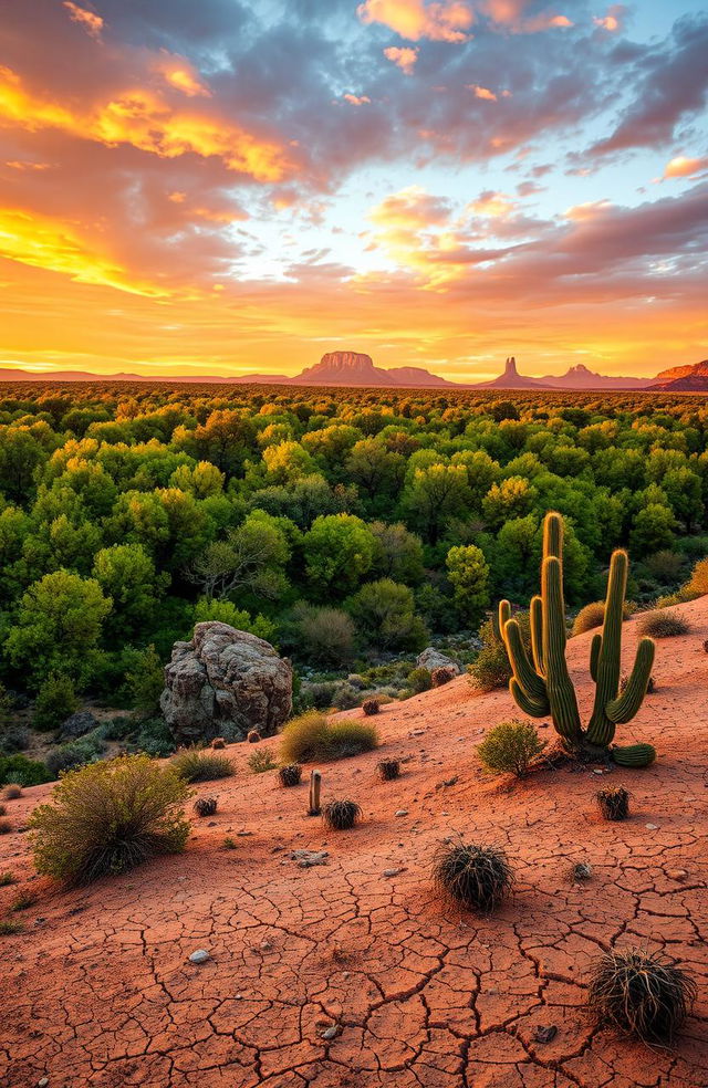 A vast, lush forest brimming with vibrant green trees and underbrush, standing in stark contrast to the surrounding arid desert landscape of the Wild West