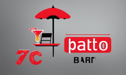 A vibrant red logo for 'Patio' bar, featuring a stylized patio umbrella and various drink icons.