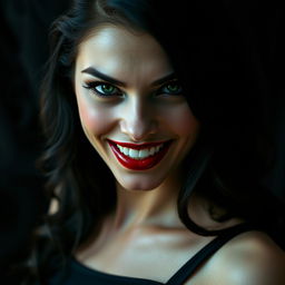 A close-up portrait of a seductive woman with a mischievous, evil smile