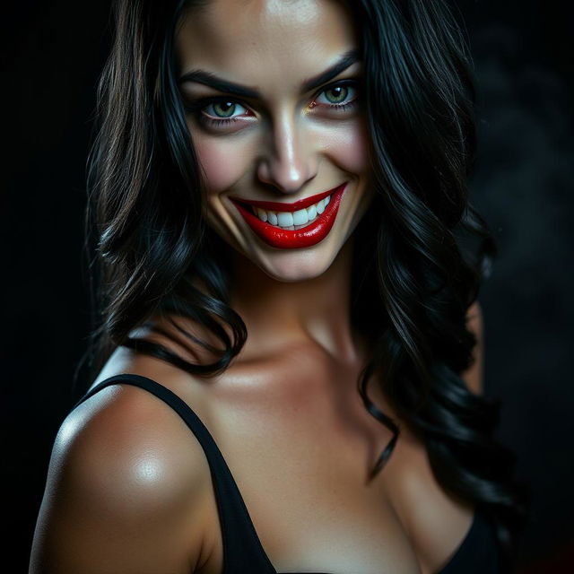 A close-up portrait of a seductive woman with a mischievous, evil smile