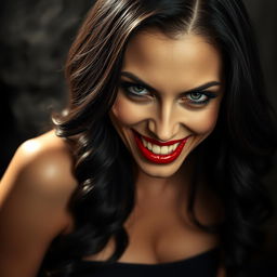 A close-up portrait of a seductive woman with a mischievous, evil smile