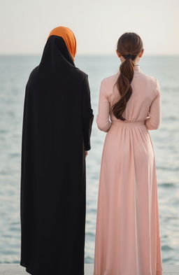 Two girls standing side by side, facing a serene sea