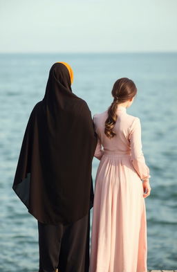 Two girls standing side by side, facing a serene sea