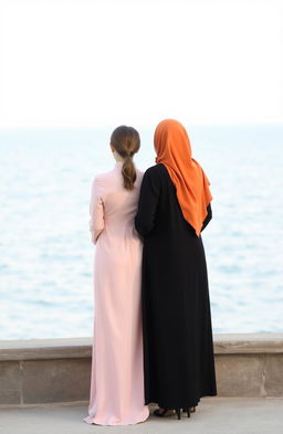 Two girls standing side by side, facing a serene sea