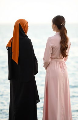 Two girls standing side by side, facing a serene sea
