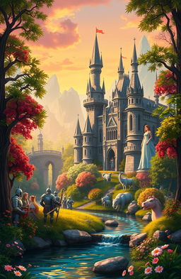 A fantastical kingdom set in a lush, vibrant forest, featuring a majestic castle with tall spires and intricate architecture, surrounded by colorful wildlife and blooming flowers