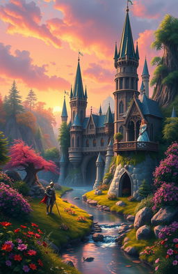 A fantastical kingdom set in a lush, vibrant forest, featuring a majestic castle with tall spires and intricate architecture, surrounded by colorful wildlife and blooming flowers