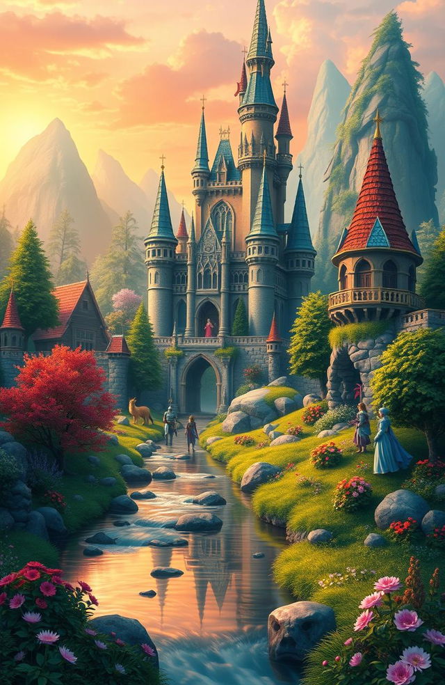 A fantastical kingdom set in a lush, vibrant forest, featuring a majestic castle with tall spires and intricate architecture, surrounded by colorful wildlife and blooming flowers