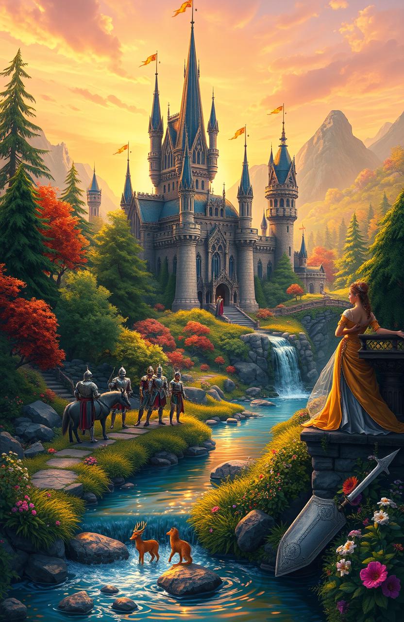 A fantastical kingdom set in a lush, vibrant forest, featuring a majestic castle with tall spires and intricate architecture, surrounded by colorful wildlife and blooming flowers