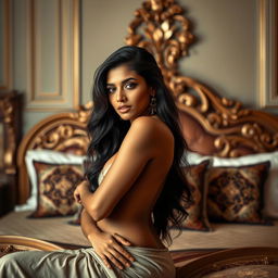 A stunning Indian woman with a slim figure, elegantly posed on a luxurious and intricately designed bed, showcasing beautiful craftsmanship
