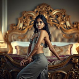 A stunning Indian woman with a slim figure, elegantly posed on a luxurious and intricately designed bed, showcasing beautiful craftsmanship