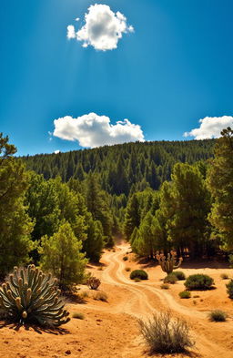 A breathtaking scene depicting a vast forest filled with towering, dense trees, set in the harsh environment of a desert in the Wild West