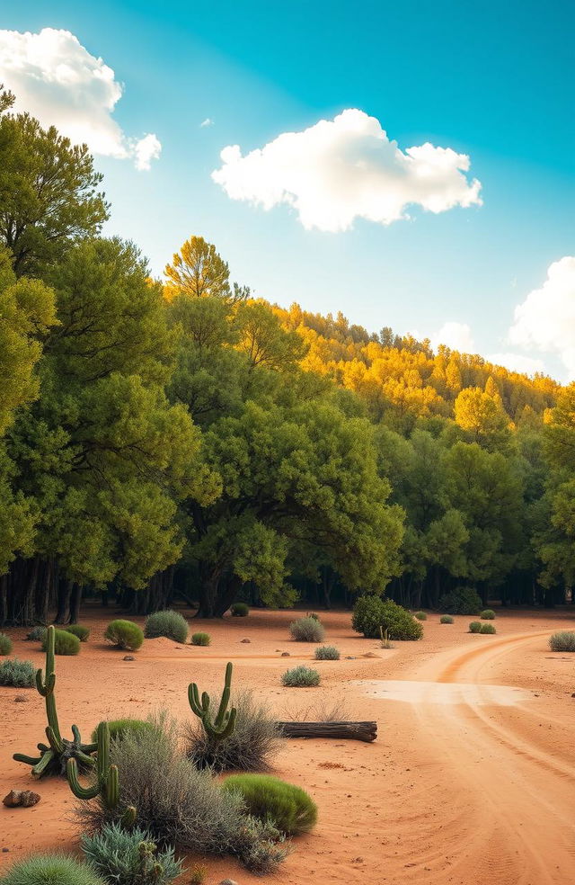 A breathtaking scene depicting a vast forest filled with towering, dense trees, set in the harsh environment of a desert in the Wild West