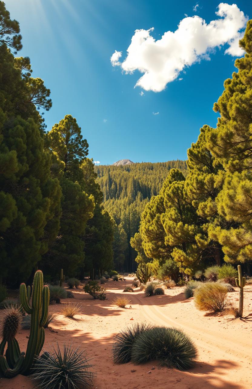 A breathtaking scene depicting a vast forest filled with towering, dense trees, set in the harsh environment of a desert in the Wild West