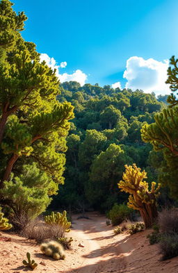 A breathtaking scene depicting a vast forest filled with towering, dense trees, set in the harsh environment of a desert in the Wild West
