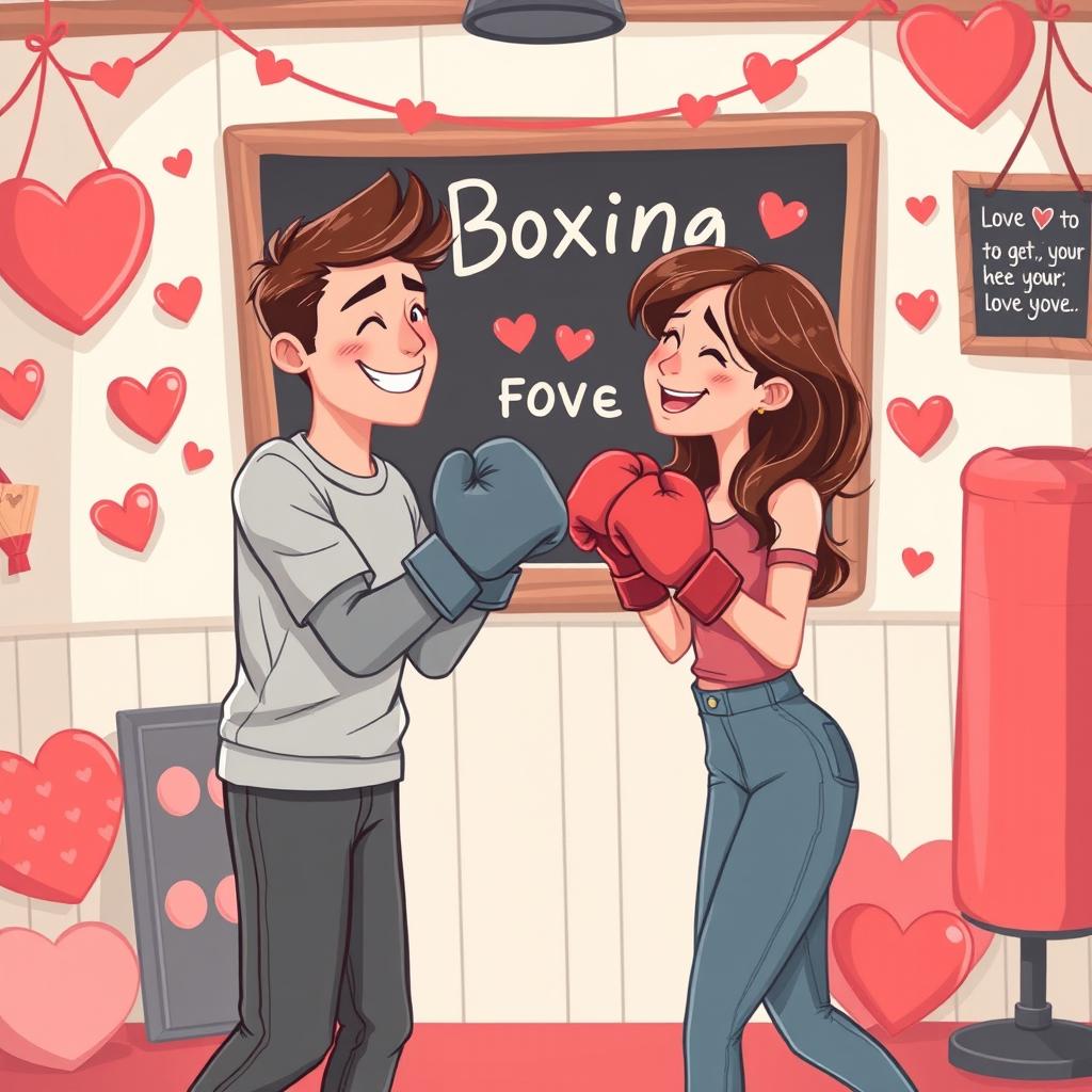 A romantic and playful illustration depicting the theme 'Boxing for Love'