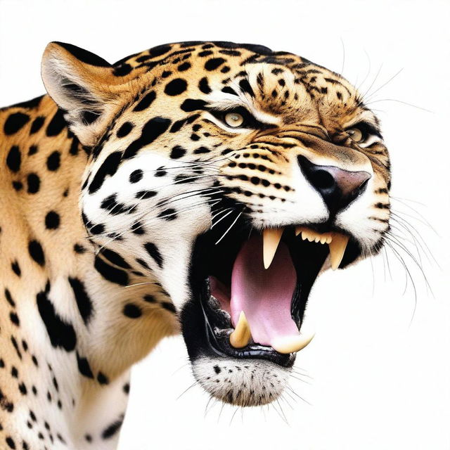 A roaring jaguar in profile, displaying its sharp fangs against a pure white background.