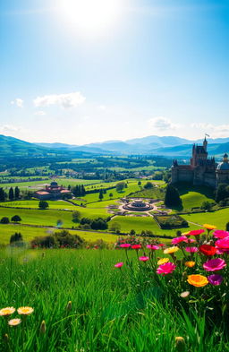 A majestic and sprawling kingdom featuring vast green grasslands under a bright blue sky